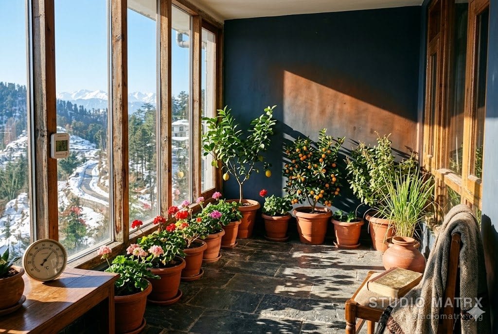 Inside the south-facing sunspace of a Shimla home on a January midday — an 8 × 12 ft glazed buffer room with slate tile floor, full-height low-e double-glazed timber-frame windows, a row of potted citrus (lemon and kumquat), tulsi and lemongrass in terracotta planters, geraniums in red and pink, dramatic winter sun warming the Trombe-wall surface visible at the back, warm interior glow contrasting cold snowy view outside