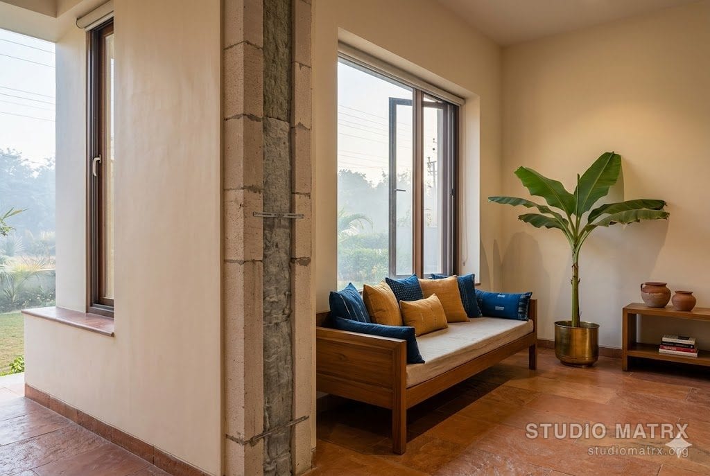 The living room of a Delhi composite-climate home in late winter morning — a 380 mm AAC cavity wall with lime render visible at a recessed window jamb, low-e double-glazed casement window admitting cold-winter sun, a teak day-bed with hand-woven cushions in indigo and ochre, terracotta tile floor, one banana plant in a brass planter, the wall edge revealing the cavity-insulation detail honestly