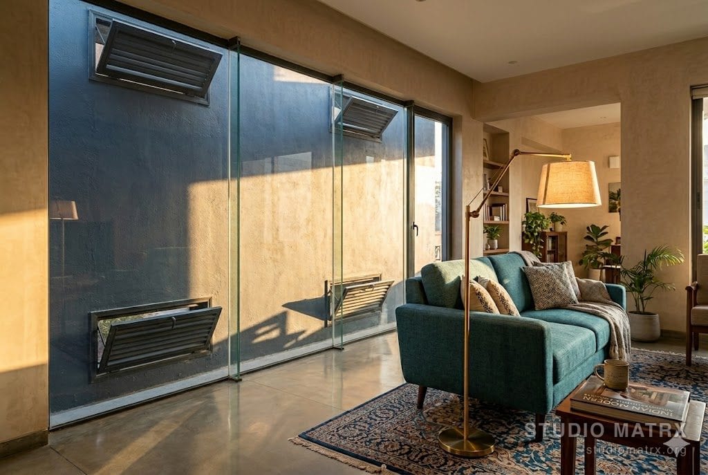 The south Trombe wall seen from the living-room interior of a Delhi composite-climate home on a clear January morning — a 230 mm dark blue-grey painted RCC wall behind low-e tempered glass with a 50 mm air gap, dramatic low winter sun streaming through and warming the wall surface, the inside radiating gentle heat with vents open at floor and ceiling level, a teal upholstered sofa with hand-knotted dhurrie, brass floor lamp, and an architecture book on a side table