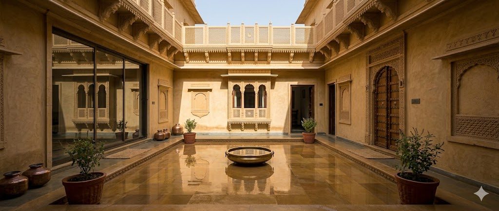 The central courtyard of a 1200 sqft Rajasthani home at midday — 8 × 8 ft open-to-sky court paved in honey-brown kota stone, a brass-rimmed water bowl at centre, tulsi planters at the edges, sharp top-light falling onto the water with the surrounding walls in cool shadow