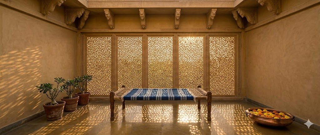 The interior side of a west-facing jaali terrace in a Rajasthani home, late afternoon — hand-carved sandstone jaali with 60-percent perforation in a geometric Mughal-inspired pattern casts a dappled mosaic of warm light onto a kota-stone floor; a wooden charpoy with an indigo striped dhurrie sits parallel to the jaali, a copper urli with floating marigolds in the corner