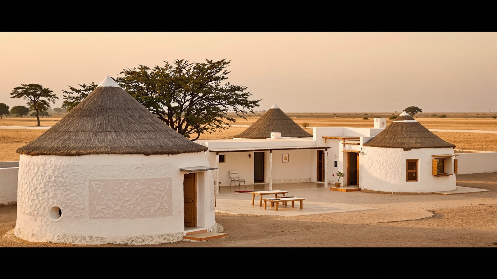 Kutch Bhunga Cluster Homestay House Plan — 3 Ensuite Huts Round an Aangan (60 × 70 ft)