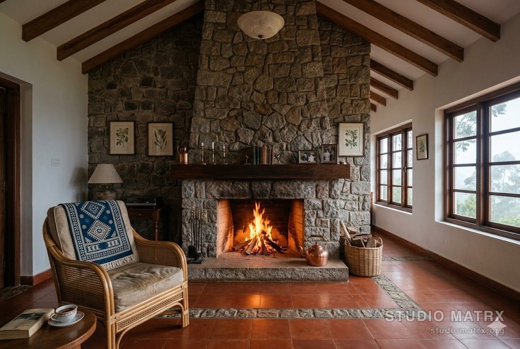 The double-height fireplace parlour of an Ooty hill-station home in late afternoon — a 14 × 16 ft room with exposed Nilgiri eucalyptus rafters rising to 18 ft at the ridge, a working masonry fireplace on the west wall with a random-rubble Nilgiri-granite breast rising the full height, fire crackling in the firebox, a walnut mantle, a deep-cushioned cane chair with handloom dhurrie, a copper kettle on the hearth, terracotta tile floor with a hearth-band of cut stone, soft amber firelight and cool fog-diffused daylight through south windows