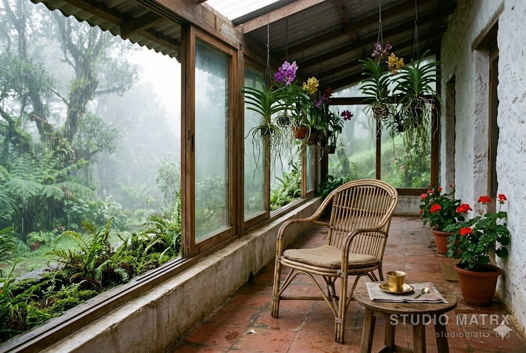 The south-facing sunporch of a Mahabaleshwar hill-cottage on a misty August morning during monsoon — a 6 × 18 ft glazed verandah running the full living-room width, single-glazed timber-frame sliding doors three-quarters open, terracotta tile floor with a fern-bed planter strip along the parapet edge, a collection of Vanda orchids in hanging pots, two pots of red geraniums, a single bamboo wicker chair, a brass chai cup on a small round side table, the rain visible falling beyond