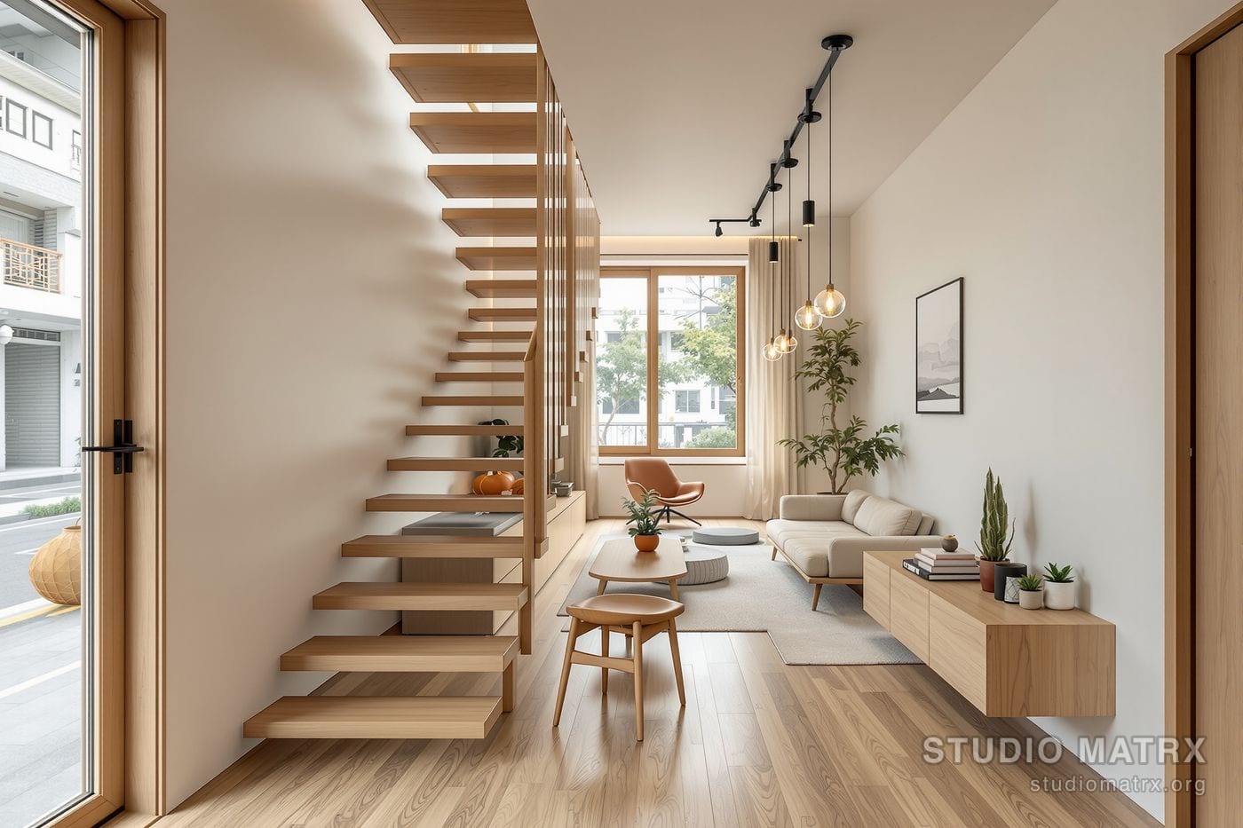 A compact open-plan living and dining space in a narrow modern Indian home - a slim floating timber staircase along one wall, a full-height window to the street, a light wood and white palette, warm space-efficient minimalist furniture.