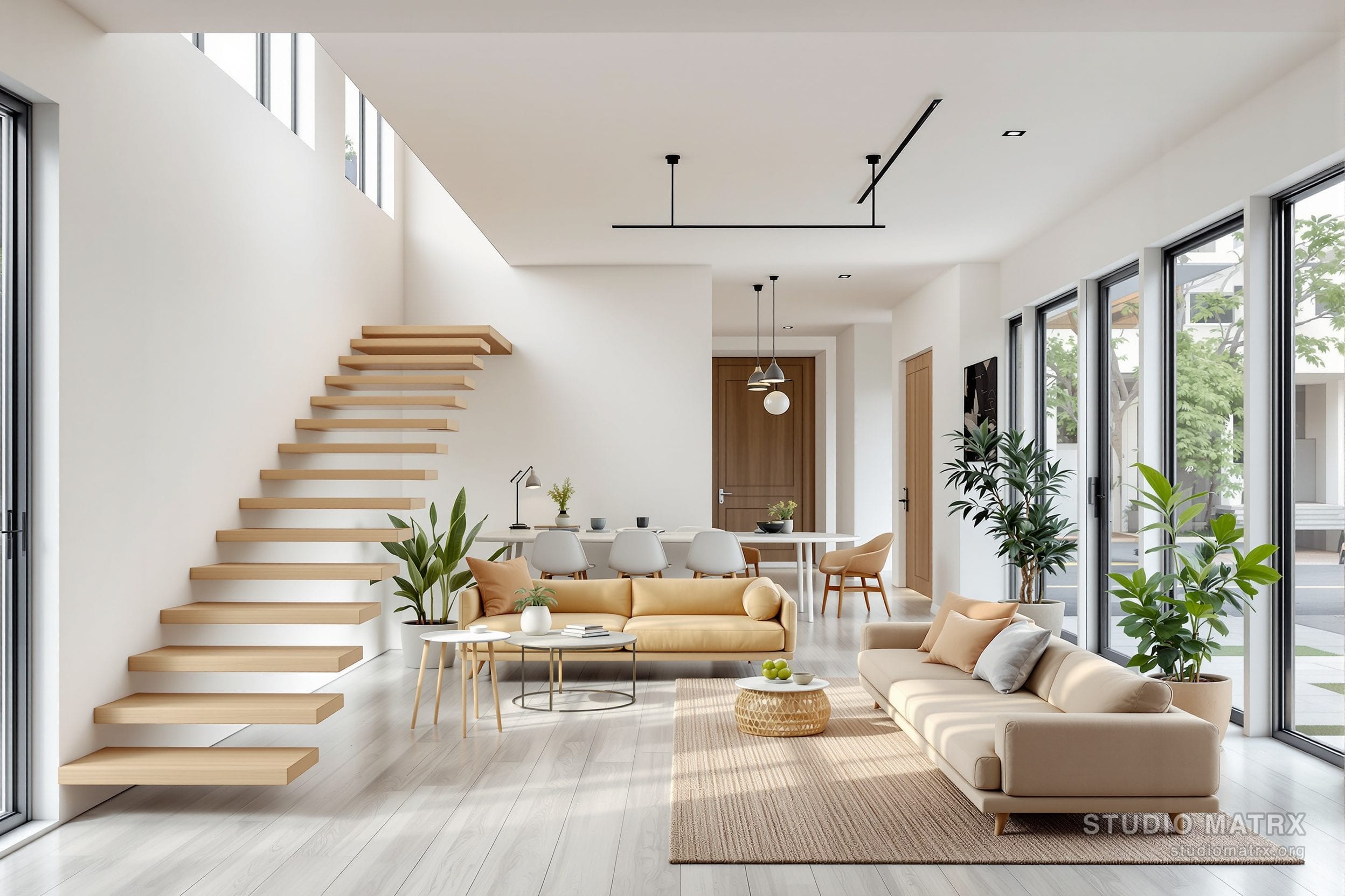 An open-plan living and dining space in a modern South Indian home — a floating timber staircase along one wall, full-height windows to the street, a light wood and white palette, indoor plants, warm contemporary furniture in a calm minimalist room.