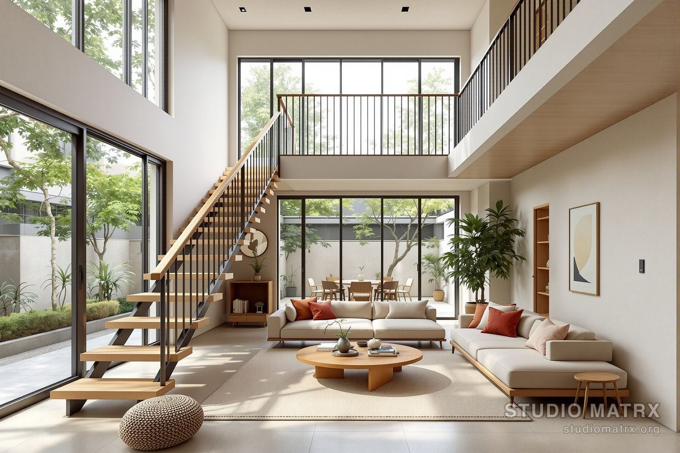 A bright double-height living room in a modern compact Indian home - a floating timber staircase, full-height windows to a small green court, warm minimalist furniture in a neutral palette of wood and stone, soft daylight.