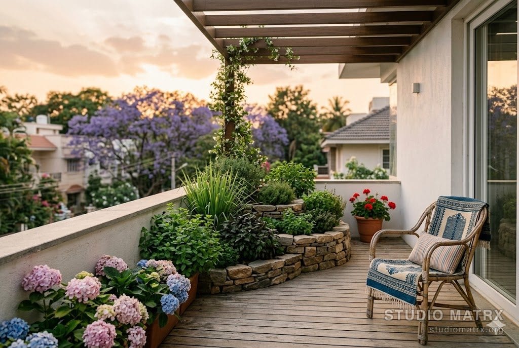 The south-facing first-floor balcony of a Bengaluru home in early-evening light — a 5 × 14 ft wrap-around timber-decked balcony with a herb spiral garden at the parapet edge, mint and basil and lemongrass and curry leaf and tulsi growing tightly together, one terracotta pot of geraniums, dwarf hydrangea on the west cascade, a single wicker chair with a handloom cotton dhurrie, distant view of jacaranda trees in the colony, soft golden Bengaluru evening light