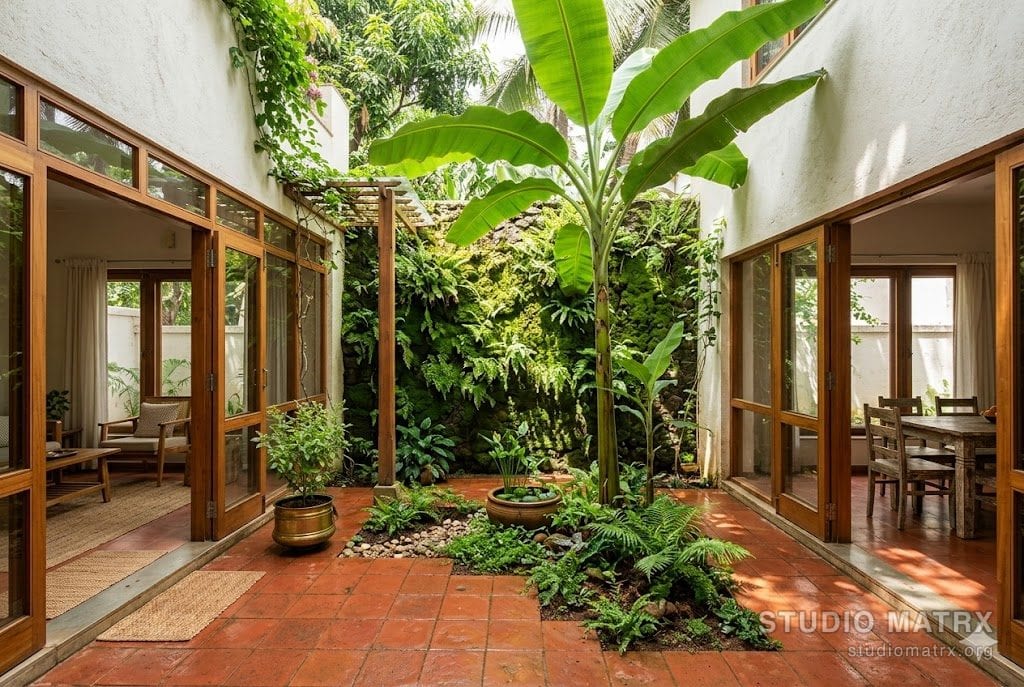 The central planted garden court of a Bengaluru home at midday in the post-monsoon season — an 8 × 8 ft open-to-sky court paved in 75 percent red terracotta tile with 25 percent planted bed, a tall banana plant rising in the centre, a moss-and-fern wall on the south face, one tulsi in a brass planter near the entry, dappled light filtering through the leaves, three sides of the court showing as ground-floor French-door openings to living and dining