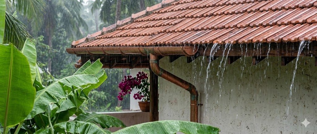 A close detailed view of a Mangalore tile pitched roof eave during heavy monsoon rain — interlocking red-orange clay tiles at 22 degree slope, exposed seasoned hardwood rafters under the 2 ft overhang, rainwater cascading off the tile edge into a 4 inch exposed copper down-pipe running down a lime-washed white laterite wall, wet banana leaves vivid green in the foreground