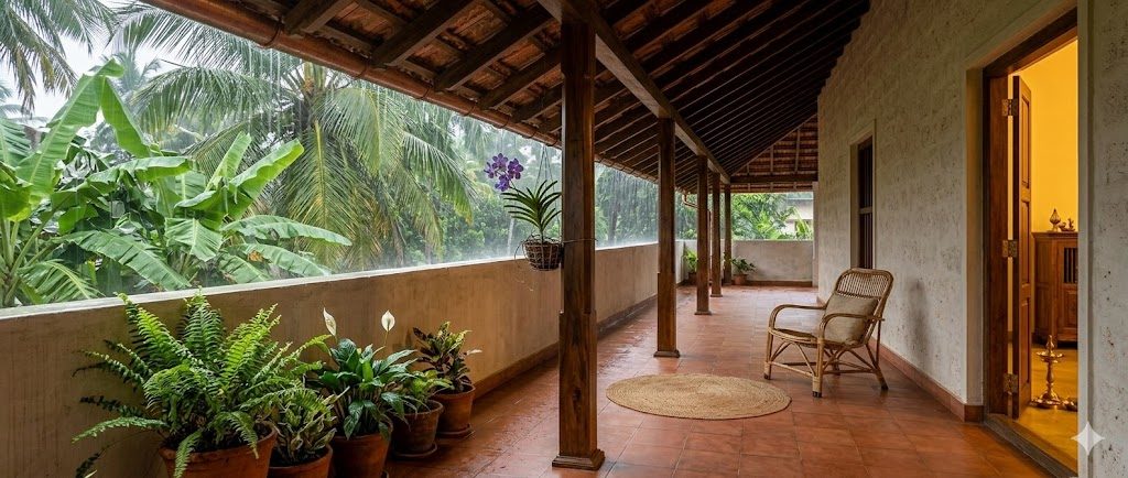 The wraparound verandah of a coastal Indian home during a monsoon afternoon — terracotta tile floor, oiled hardwood posts in a receding row, a low lime-washed parapet, rain falling just past the eave line, clustered terracotta planters with ferns and hanging orchids, a cane chair and jute mat, warm light spilling from the open living-room door at the end