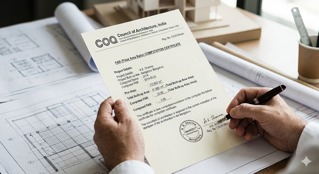 Close-up photograph of an architect's hands holding a signed FAR computation certificate document with COA letterhead, official seal, and pen visible alongside blueprint drawings