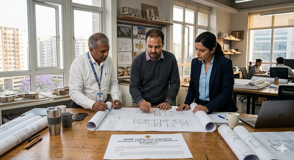 Architect-developer studio meeting reviewing BBMP premium-FAR notification documents and architectural drawings on a meeting table — the moment the FAR-against-height-coupling iteration is decided