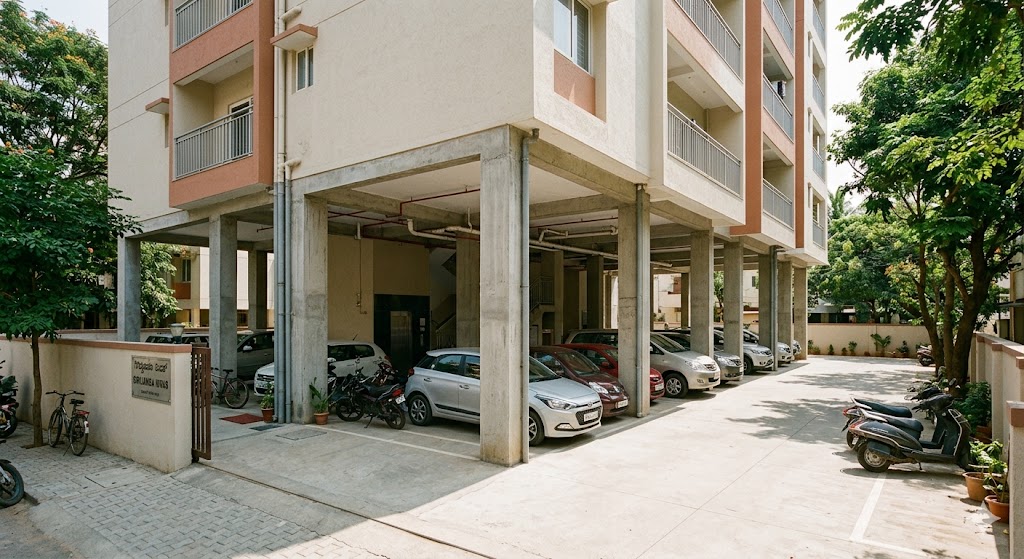 Photograph at the base of a Bengaluru residential apartment building showing the open stilt-parking floor with parked cars, structural columns, and residential floors above — visual evidence of the FAR-excluded usable area
