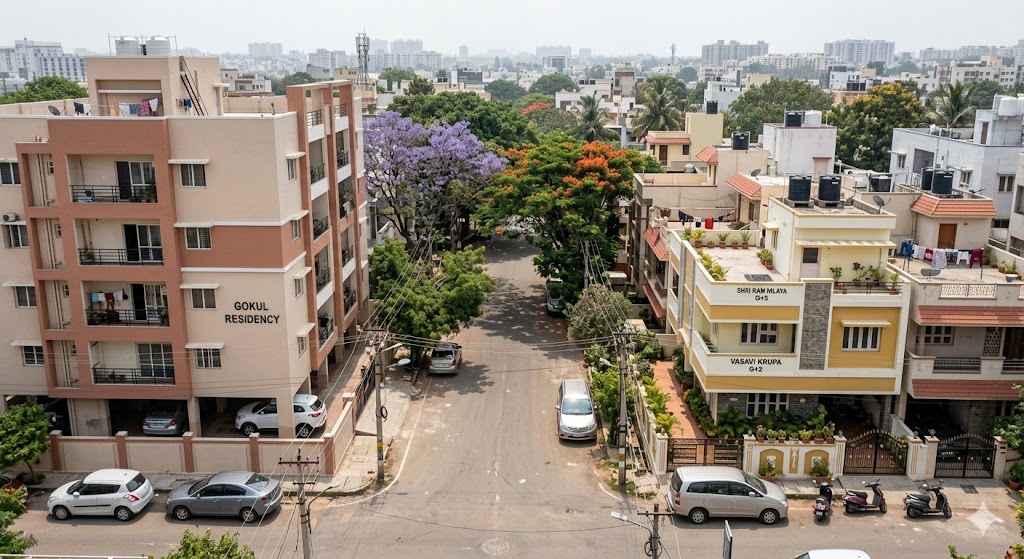 Aerial-perspective photograph of a Bengaluru residential street with mixed typology — a mid-rise apartment block alongside individual G+2/G+3 houses, visible front setback margins, jacaranda-lined road, mid-morning haze