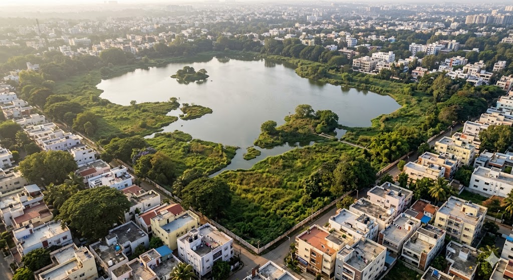 Aerial drone-perspective photograph of a notified Bengaluru lake with the 30-metre green lake-buffer no-construction zone visible as undeveloped vegetation surrounding the water, beyond which residential plots show buildings respecting the buffer line