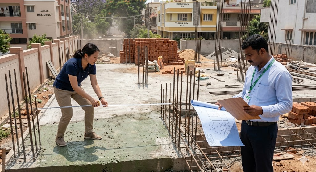 Photograph at a small under-construction Bengaluru residential site — a registered architect with a measuring tape extended along a setback margin on a freshly-cast plinth slab, with a BBMP municipal officer reviewing a sanctioned drawing on the slab edge