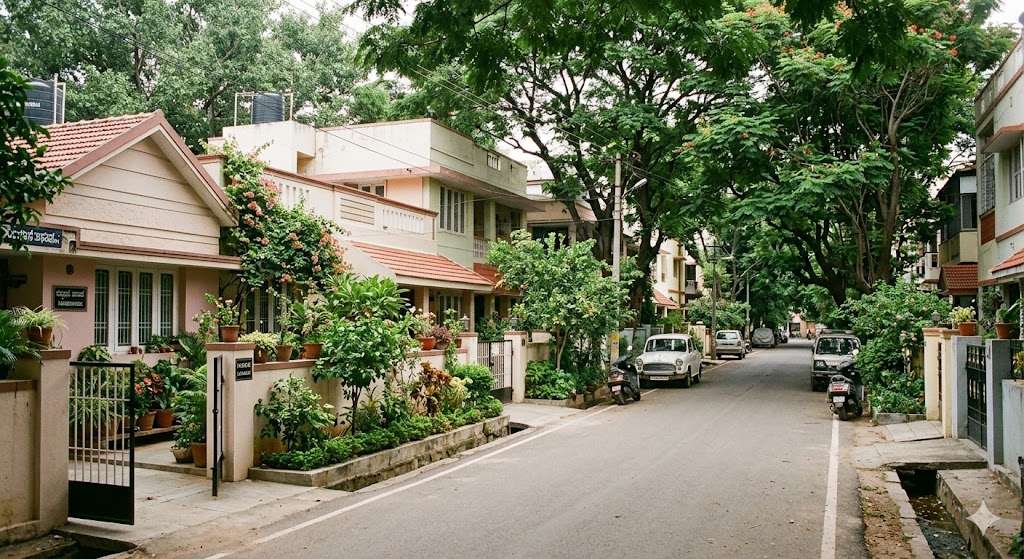 Older Bengaluru residential streetscape (Malleshwaram / Basavanagudi character) showing the traditional consistent front-setback pattern — modest houses with compound walls along the plot line, mature trees, single-lane road