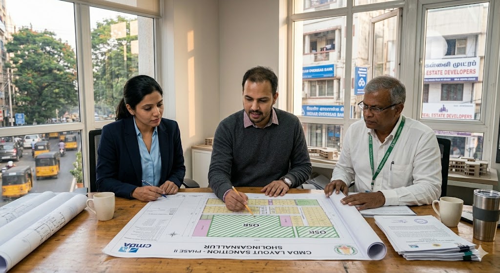 Photograph of a CMDA Chennai layout-sanction meeting — three professionals (architect, developer, CMDA planning officer) studying a layout sanction plan rolled out on a meeting table with OSR markings visible