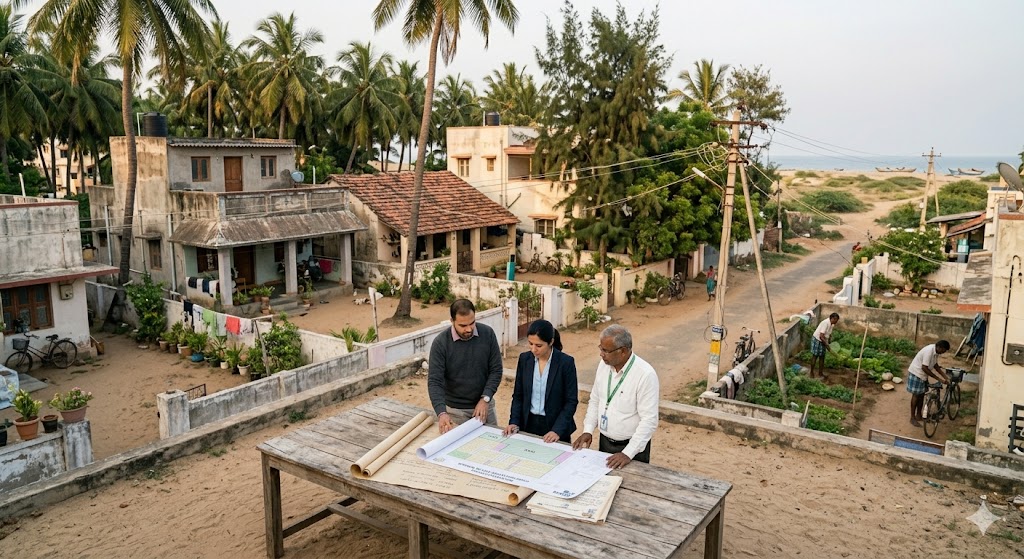 Photograph of Chennai's ECR (East Coast Road) fringe village character — low-rise mixed coastal-village residential development with FSI restrictions visible (smaller footprint, more open space), coconut palms, sandy ground