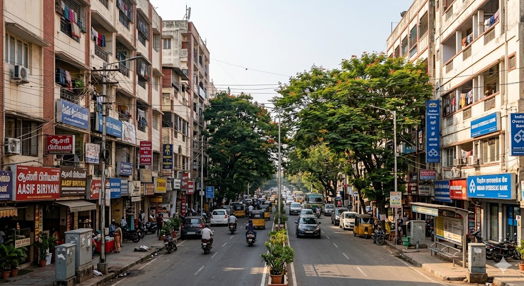 Documentary street-level photograph of Chennai's Anna Salai (Mount Road) mixed-use streetscape — commercial-residential mid-rise buildings with retail at ground level and residential above, dense urban typology with FSI 3.0+ utilisation