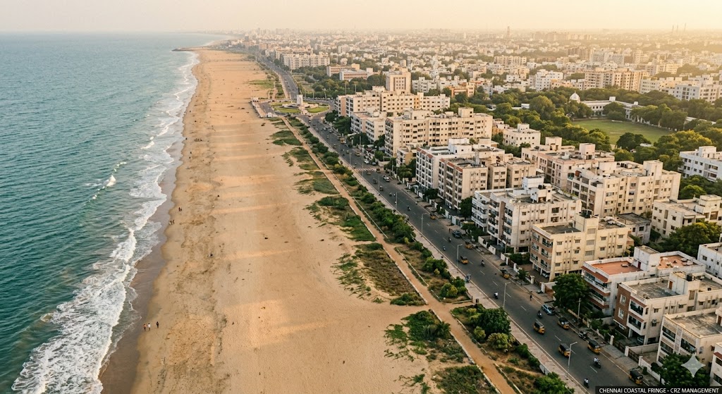 Aerial drone-perspective photograph of Chennai's coastal stretch from Marina to Besant Nagar showing the High Tide Line, the no-construction CRZ-IA buffer, and the line of CRZ-II redevelopment-only existing apartments