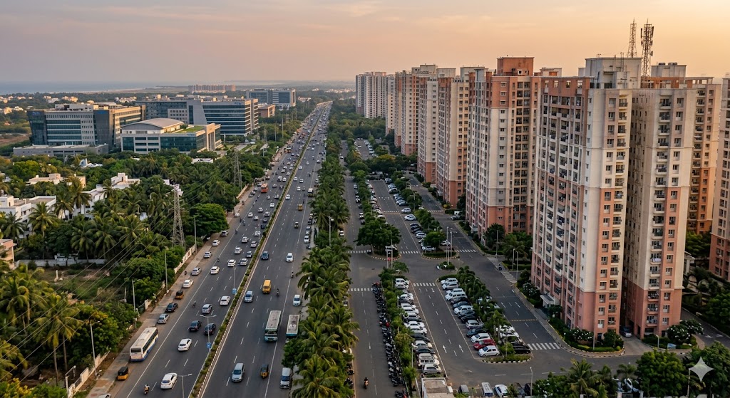 Aerial photograph of Chennai's IT-corridor on Old Mahabalipuram Road showing high-rise residential apartment towers in a row along the wide arterial, IT office buildings visible in the distance, mature coconut palms