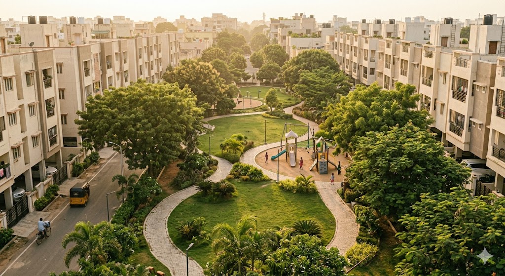 Photograph of a Chennai layout's OSR open-space area — a landscaped contiguous green block with grass, walking paths, mature trees, and play area, with surrounding apartment buildings at the perimeter