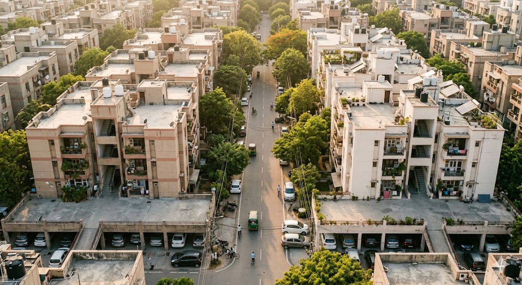 Delhi residential FAR utilisation — a Dwarka or Rohini DDA layout block showing the consistent built-up to plot-area ratio, mature trees, late-afternoon golden light