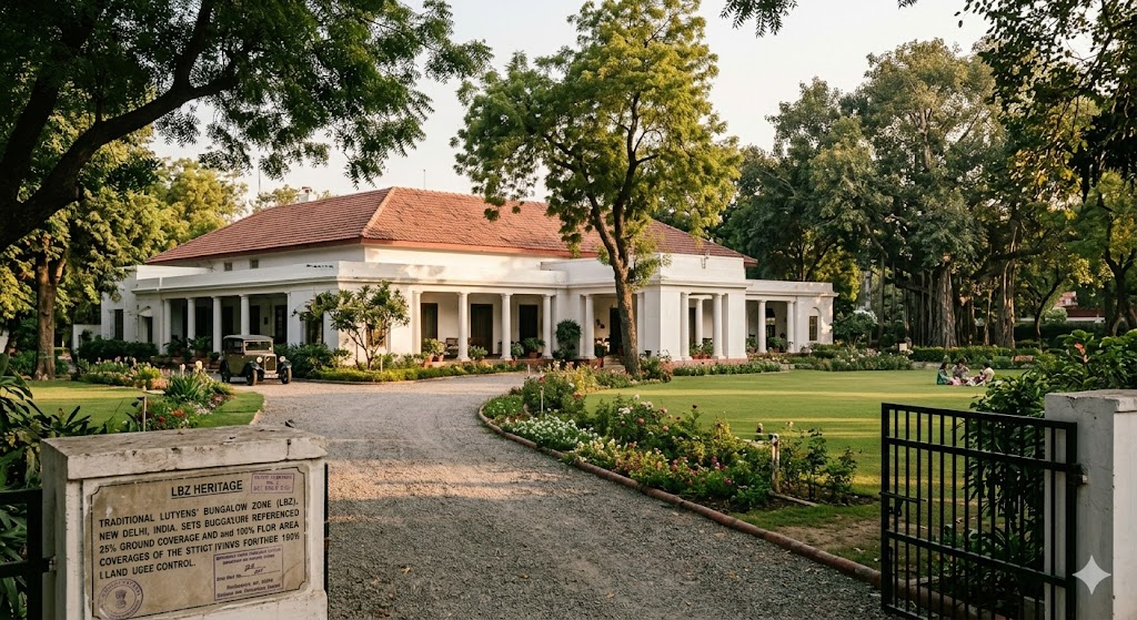 Photograph of an LBZ bungalow showing the heritage FAR cap visually — single-storey or G+1 bungalow on a large plot with generous garden, low building footprint, exemplifying the 25% ground coverage and FAR 100% cap