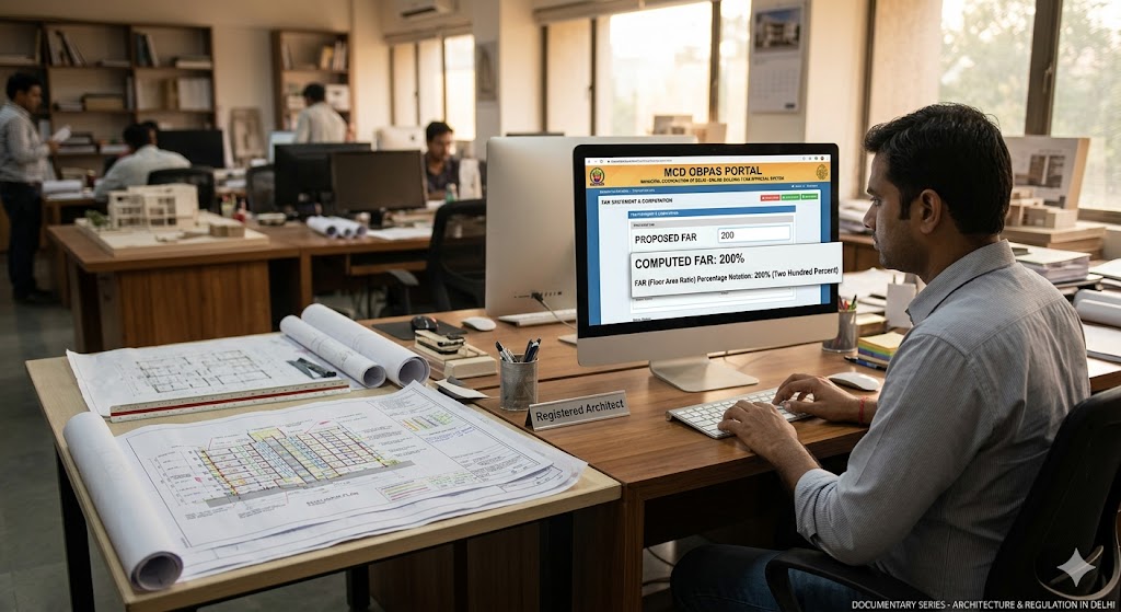Photograph of an architect's studio scene — registered architect at a desktop submitting FAR statement via the MCD OBPAS portal, screen showing percentage-notation form, architectural drawings on the side desk