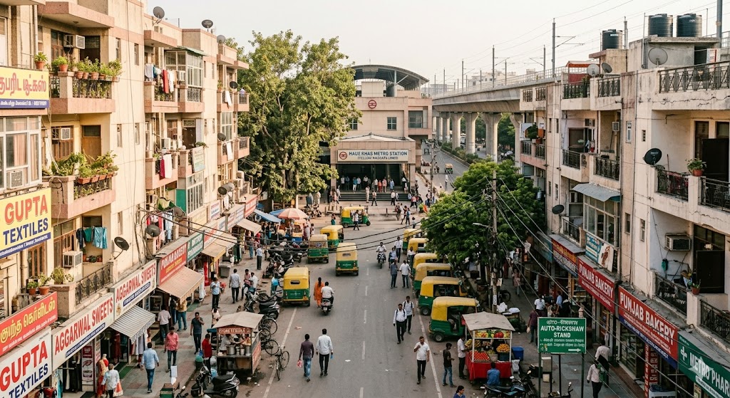 Documentary photograph of a Delhi TOD corridor street near a metro station — mid-rise mixed-use buildings with retail at ground level and residential above, metro station entrance visible in mid-ground, pedestrian and auto-rickshaw activity
