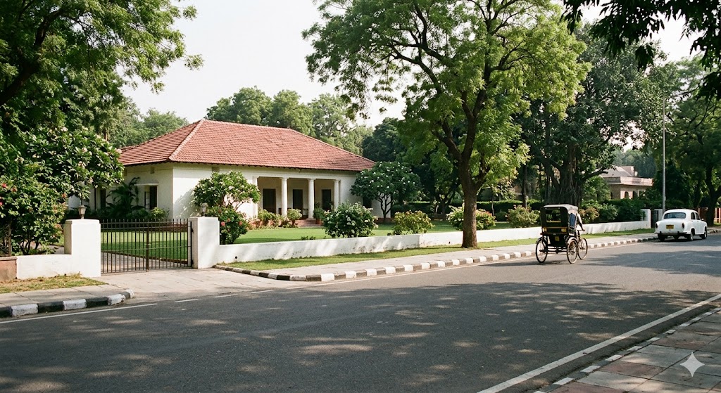 Photograph of a Lutyens' Bungalow Zone bungalow on a New Delhi street — single-storey colonial bungalow with shallow pitched tiled roof, generous front lawn, compound wall along plot line, mature trees