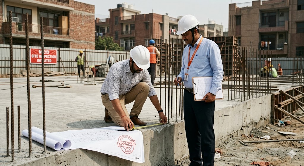 Photograph at an under-construction Delhi residential site — registered architect with measuring tape, MCD JIC engineer reviewing the OBPAS-sanctioned drawing on a freshly-cast plinth slab, exposed reinforcement bars at the perimeter