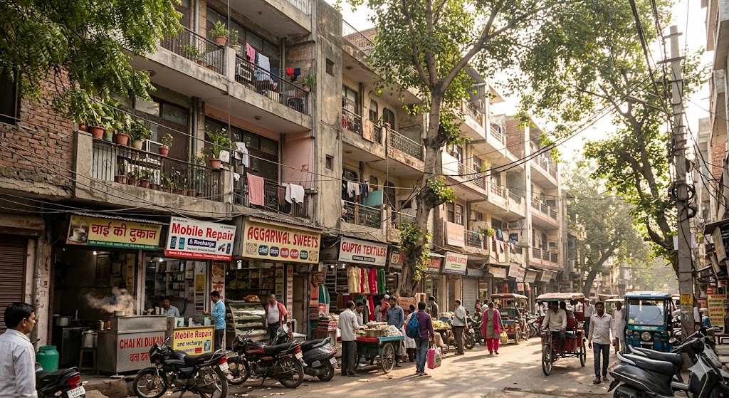 Street-level photograph of a Delhi urban village or unauthorised-regularised colony showing a row of narrow Category-I plots with buildings flush to the plot line, mixed-use ground floors, residential above, mature trees