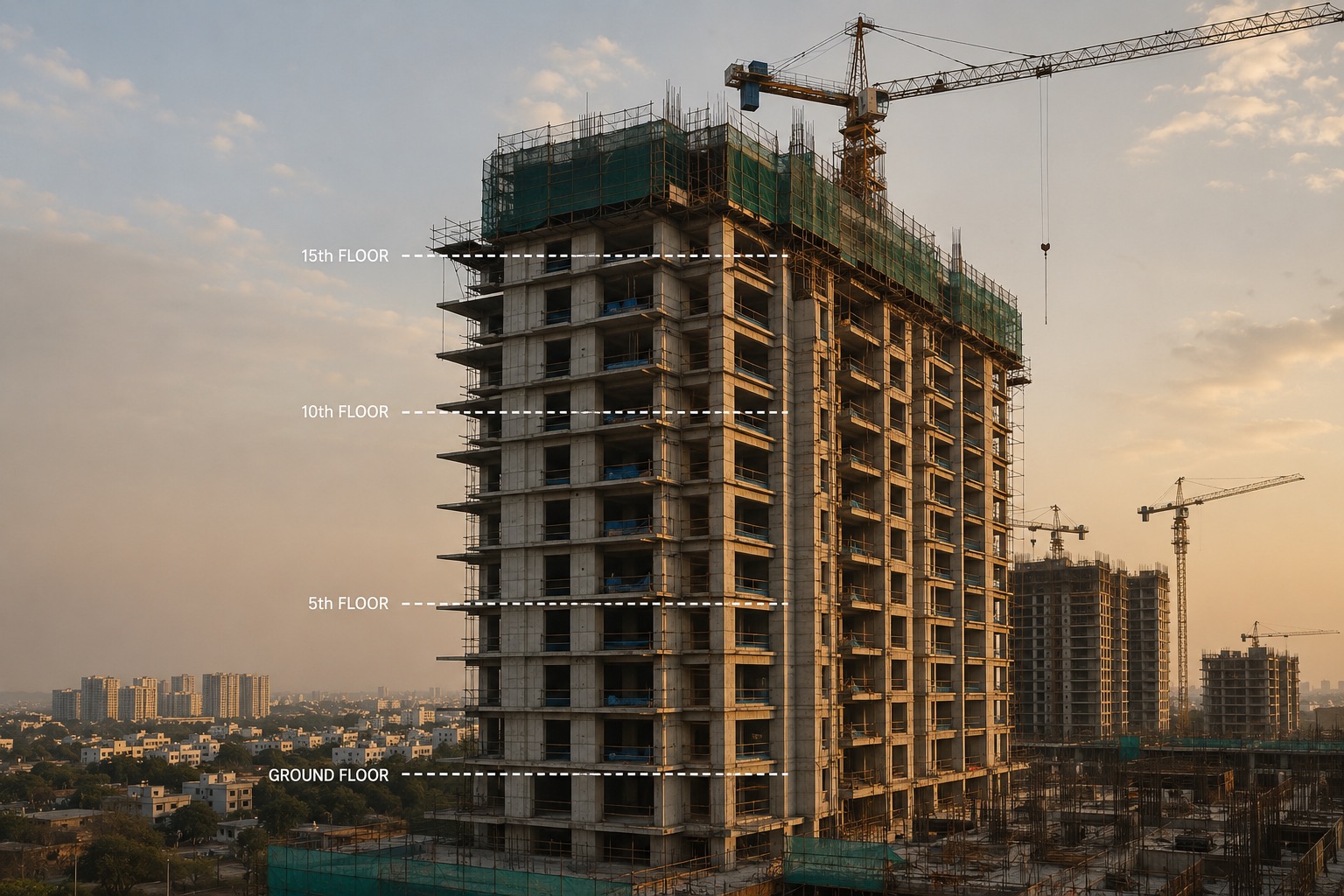Documentary photograph of a high-rise residential construction site in Gachibowli or Madhapur — partially completed G+15 tower with scaffolding, exposed slab edges showing the floor-to-floor stacking driving FSI consumption, cranes