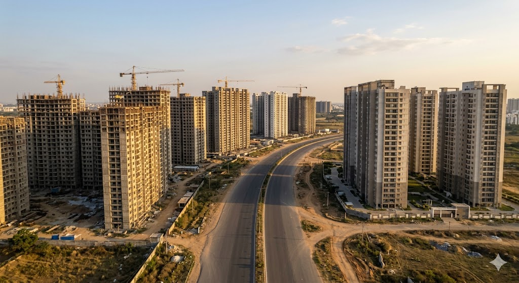 Aerial drone-perspective photograph of an Outer Ring Road extension zone (Kokapet or Tellapur character) — multiple high-rise residential towers under construction with cranes, partially completed buildings showing the FSI utilisation of the wide-arterial corridor