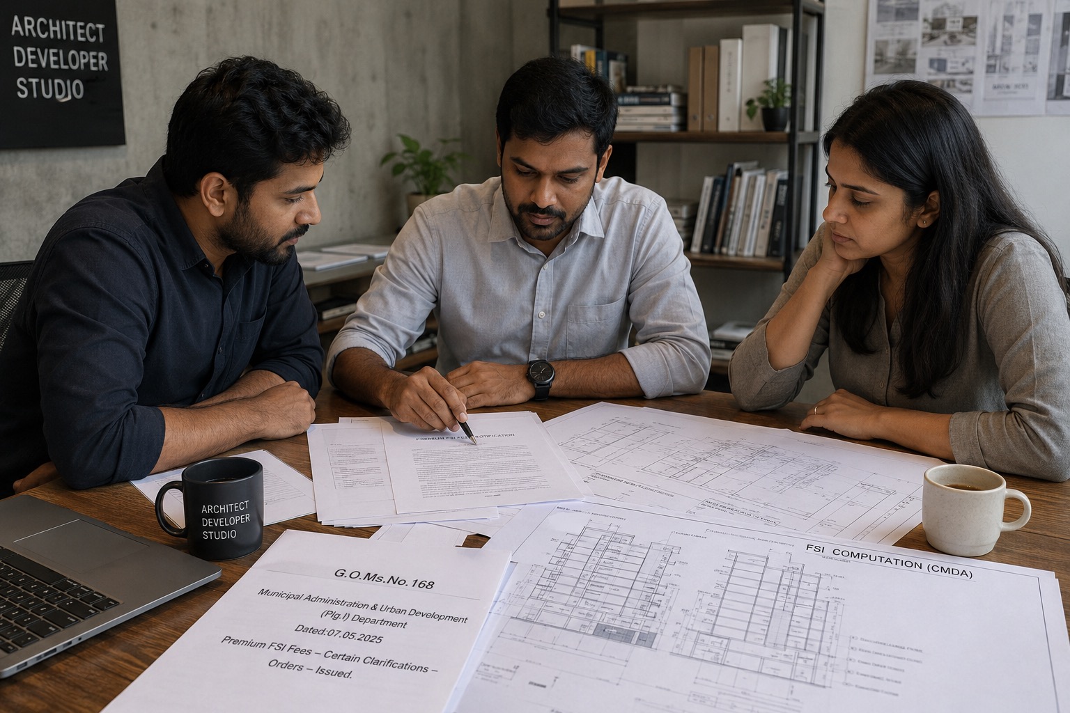 Photograph of a Hyderabad architect-developer studio meeting — three professionals studying a Premium FSI fee notification document and CMDA-style FSI computation drawings on a meeting table, GO Ms 168 reference printout visible