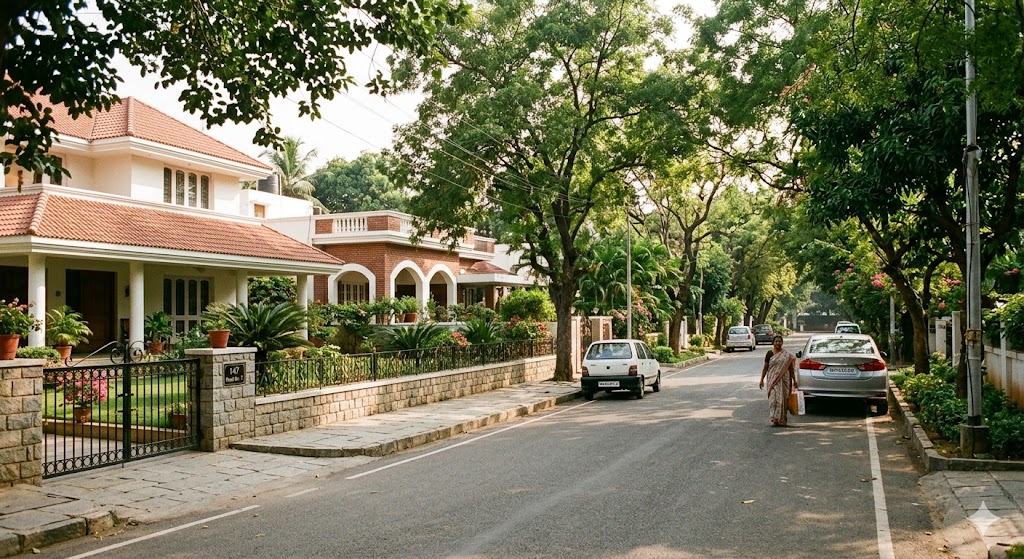 Photograph of a Banjara Hills HUDA-legacy layout streetscape — generous bungalow plots with single-storey or G+1 houses, large front setbacks with manicured gardens, mature trees, low compound walls