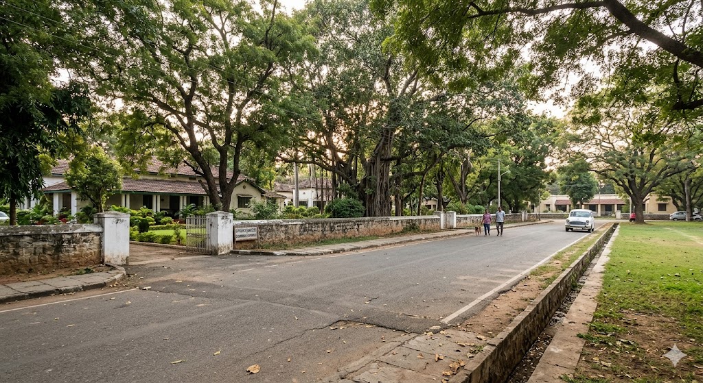 Photograph of a Secunderabad Cantonment residential area — older military-bungalow architecture with deep setbacks, mature trees, wide internal roads, low building density typical of cantonment bye-laws
