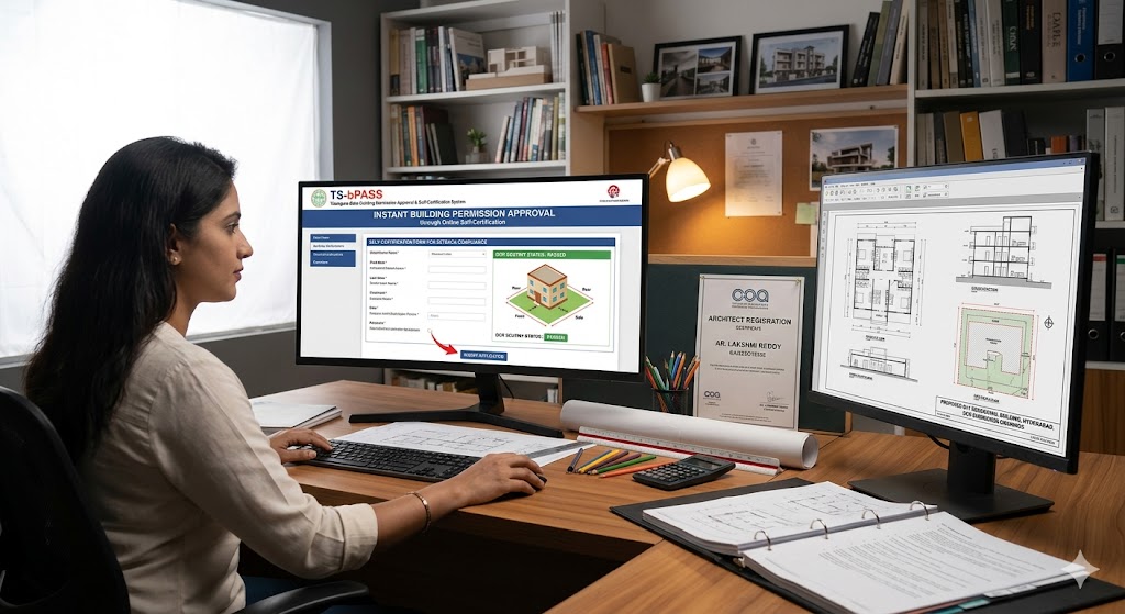 Photograph of a Hyderabad architect's workspace — registered architect at a desktop submitting drawings via the TS-bPASS instant-approval portal, screen showing the self-certification form for setback compliance, architectural drawings on adjacent monitor