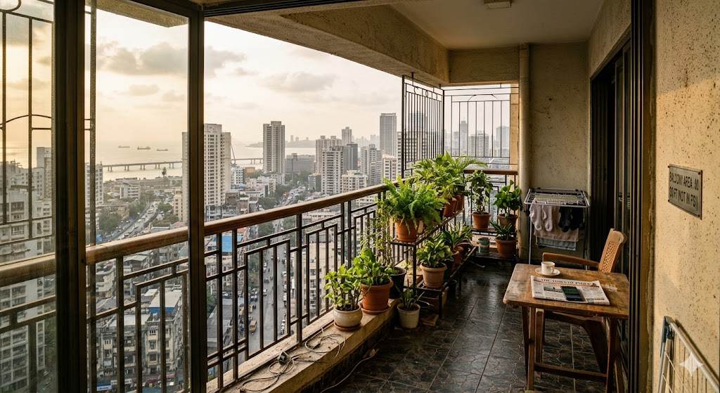 Close-up photograph of a Mumbai residential apartment balcony — generous projecting balcony with railing detail, view of city beyond, potted plants, late-afternoon natural light