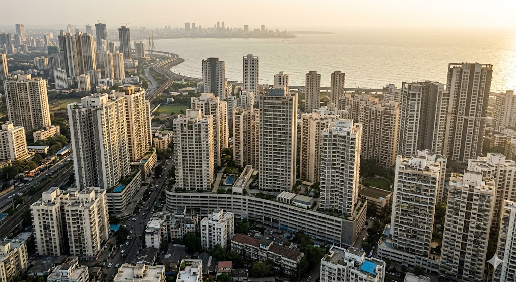 Aerial photograph of Mumbai's high-rise residential skyline showing the dense FSI utilisation — towers stepping back from podiums, balconies extending the carpet area, sea visible in the distance