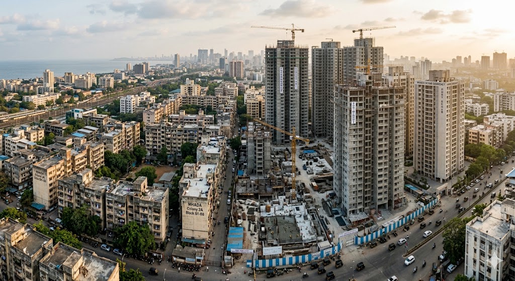 Aerial-perspective photograph of a MHADA layout undergoing cluster redevelopment in Mumbai — older 1970s apartment blocks alongside newer high-rise towers under construction, exemplifying the FSI uplift from redevelopment