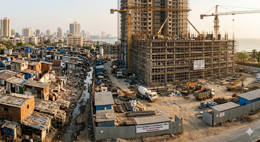 Documentary photograph of a Mumbai slum redevelopment site — partially demolished informal housing on the left, scaffolded high-rise SRA tower rising on the right, construction activity in progress