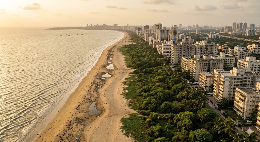 Aerial drone-perspective photograph of a Mumbai coastal stretch (Versova, Juhu, or Madh Island) showing the High Tide Line, the no-construction CRZ-IA buffer of beach and undeveloped vegetation, and the line of CRZ-II redevelopment-only existing apartments behind