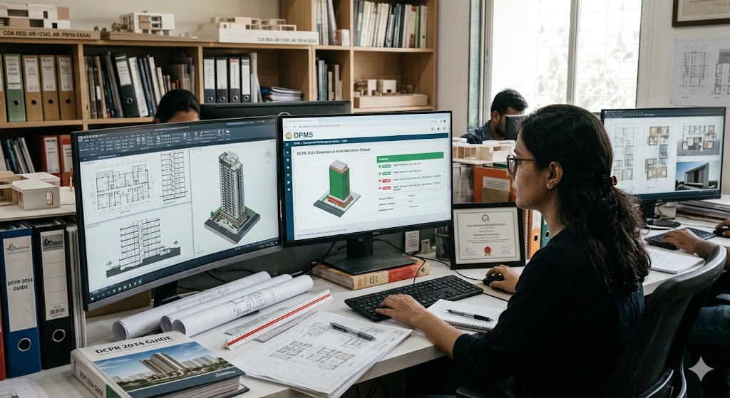 Photograph of a Mumbai architect's studio scene — registered architect at a workstation submitting drawings via the AGNI / DPMS online portal, screen showing the DCPR 2034 dimensional auto-validation output, multiple monitors with architectural drawings