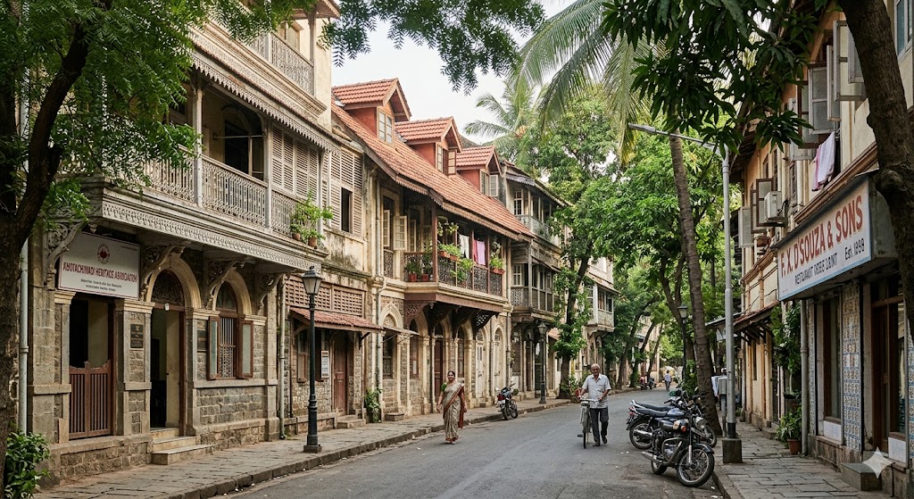 Street-level photograph of a Mumbai heritage precinct (Fort, Marine Drive, or Khotachiwadi character) — continuous façade-line of Indo-Saracenic / Edwardian buildings with zero front setback, traditional sloping tiled roofs, decorative cornices, consistent street-wall continuity
