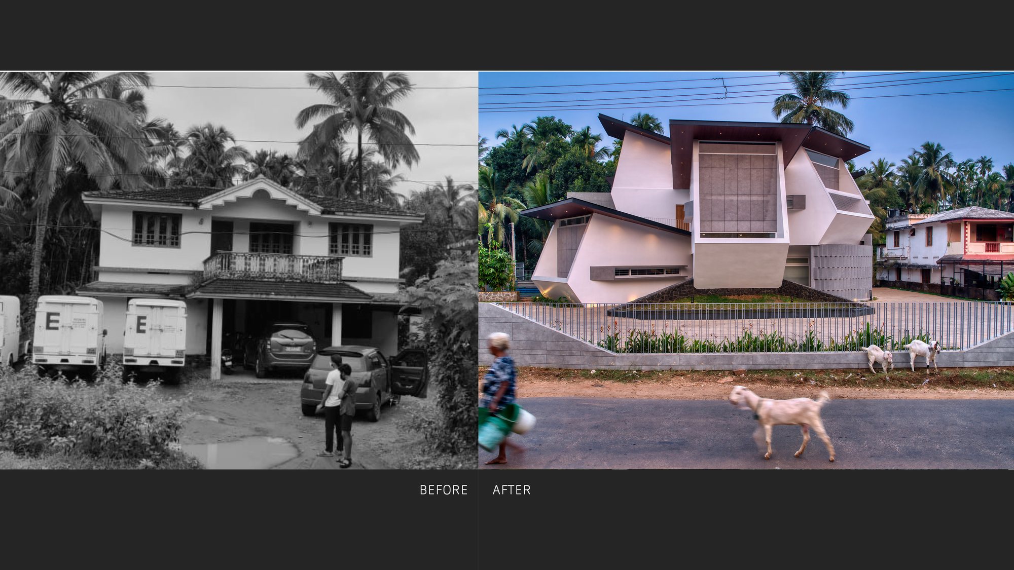 Before and after: the original square-plan house beside its skewed renovation