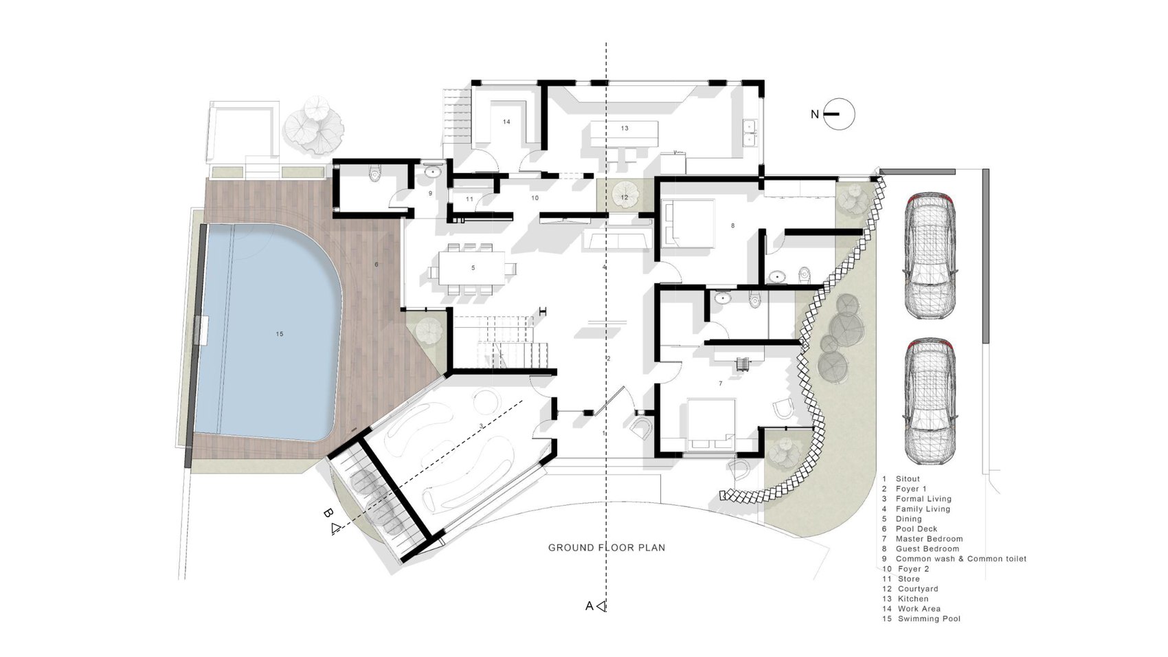 Ground floor plan of Skew House showing the pool and reorganised rooms